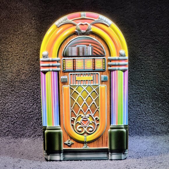 VINTAGE JUKEBOX COMPACT DISC STORAGE CONTAINER...METAL WARE... DOOR IS EMBOSSED - Picture 1 of 8
